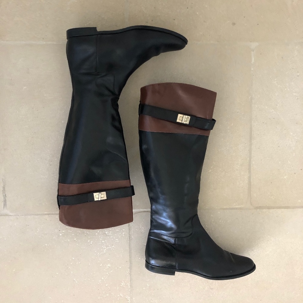 Cole Haan boots; Black with brown upper; strap with toggle, Size 8 1/2 B